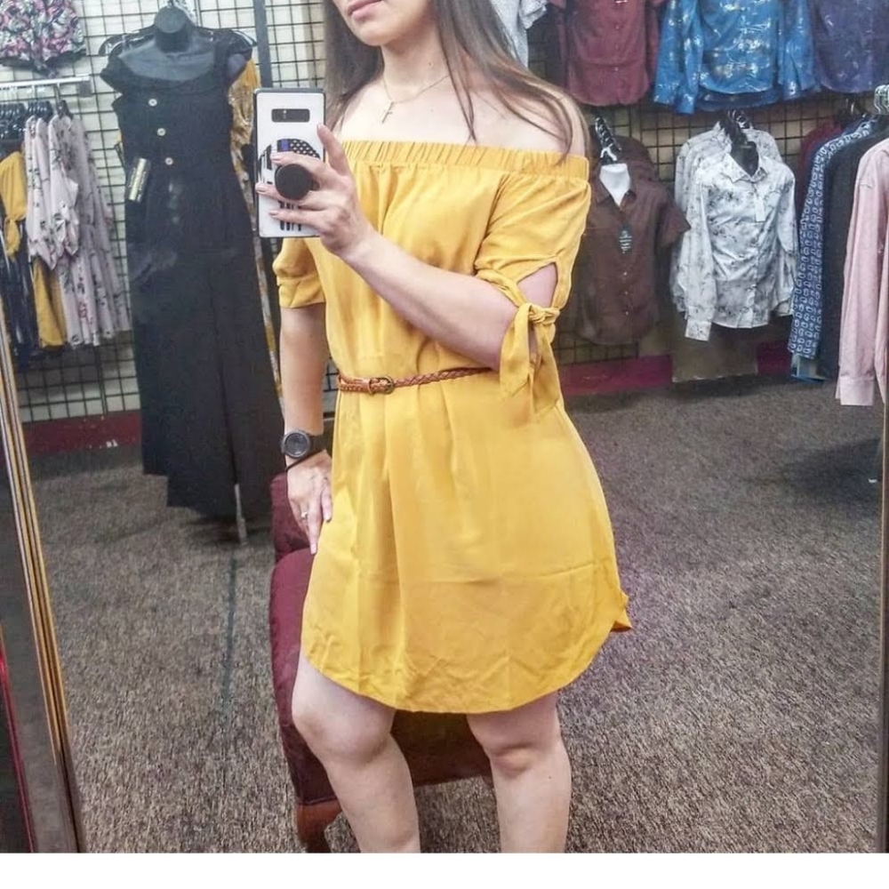 Off shoulder Belted Dress